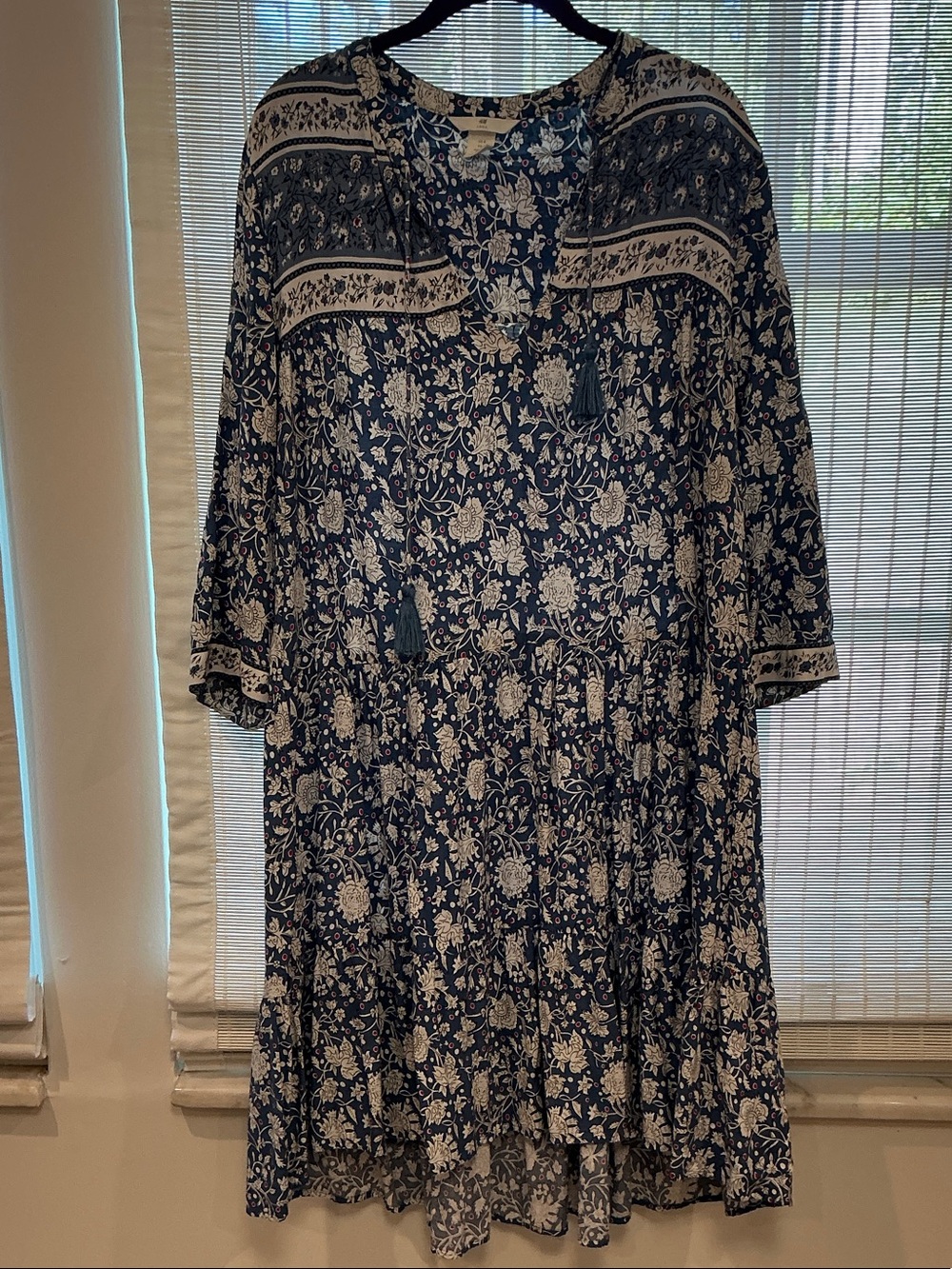 H&M Blue and Cream Floral V-Neck Dress with Red Accents